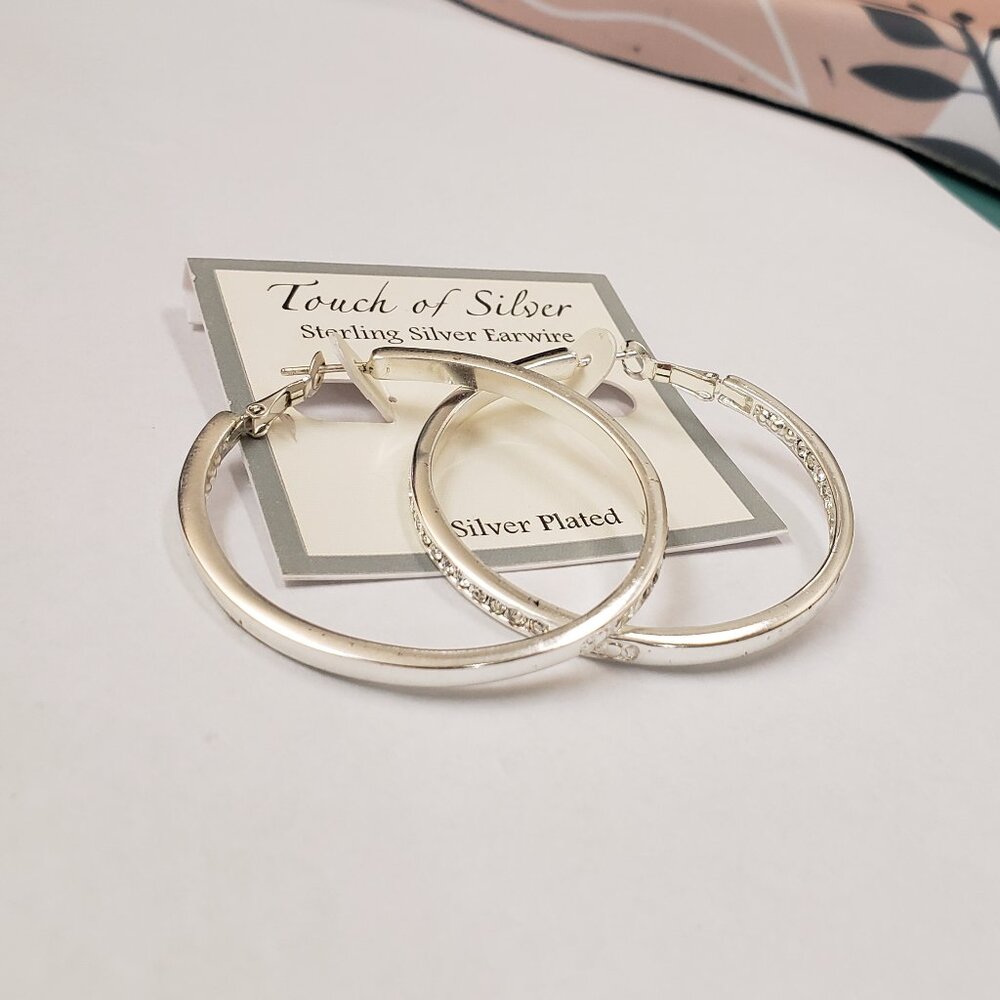 Touch of Silver, NWT, silver hoops with clear rhinestones hoop earrings